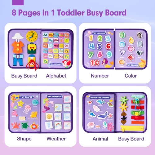 Image of hahaland Busy Board Montessori Toys 3 Year Old Girl Gifts 3rd Bithday Idea | 8 in 1 Preschool Learning Activities - Educational Toys Little Girls Age 3 Travel Busy Book for Airplane Car Rides