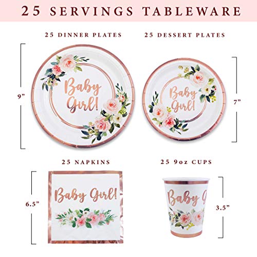Baby Shower Tableware Plates And Napkins, Baby Girl Decorations | 25 Servings With Rose Gold Foil, Pink Floral Paper Plates, Napkins, Dessert Plate, Disposable Cups | Tea Party Supplies #TOP1