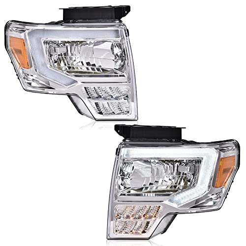 Image of GRAND ORANGE LED DRL Headlight Assembly Compatible with Ford F150 2009-2014 Left Driver & Right Passenger Side Clear Lens Chrome Housing Amber Reflector FO2503289 DL3Z13008EC