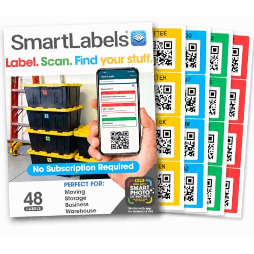 Smart Labels QR Code Stickers - Pack of 48 - Made in USA - QR Code Labels for Storage & Inventory Tracking Storage Unit Organization and Moving Supplies - Updated App with Smart Photo Extraction