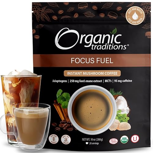 Organic Traditions Focus Fuel Mushroom Coffee, 100% Organic Instant Mushroom Coffee with Lion's Mane, Adaptogens & MCT, 95mg of caffeine per cup, 280 gr/10oz Bag