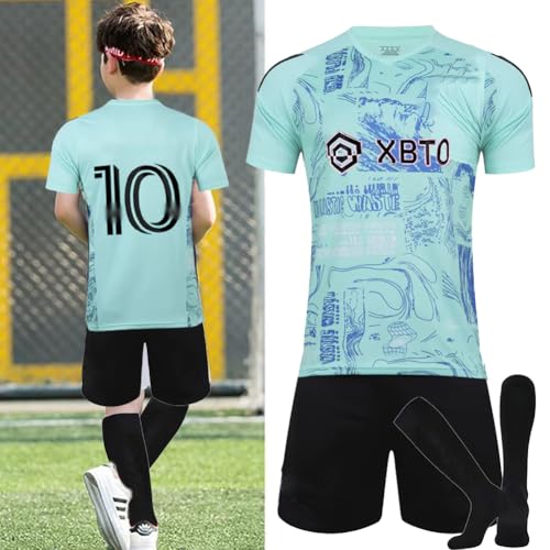 Genérico Traje de fútbol de Niño, Camiseta Deportiva de Fútbol para Niño No.10, Verde Soccer Jersey con Camiseta, Pantalones, Calcetines, 130-140cm