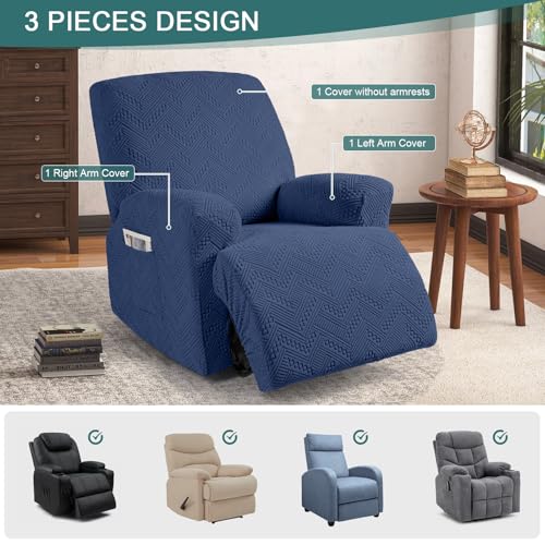 Image of Ruaozz Recliner Sofa Covers Recliner Chair Covers Recliner Covers for Reclining Chair with Pockets Washable Furniture Protector with Elastic Bottom (1 Seater, Dark Blue)