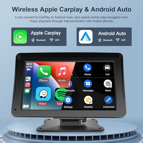 Portatile Autoradio con Senza Fili Apple Carplay Android Auto,7 Pollici IPS Schermo Portatile Autoradio con Apple Airplry/Android Mirror Link/Bluetooth/FM Trasmettitor/Voice Control/Google/Siri/AUX/TF