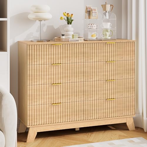 Image of HUANLEGO 48 inch W Tall Fluted Dresser for Bedroom with 8 Drawer, Oak | Mid Century Modern Dresser for Closet, Anti-Tipping Design, Wooden Dressers & Chest of Drawers for Living Room, Home Office