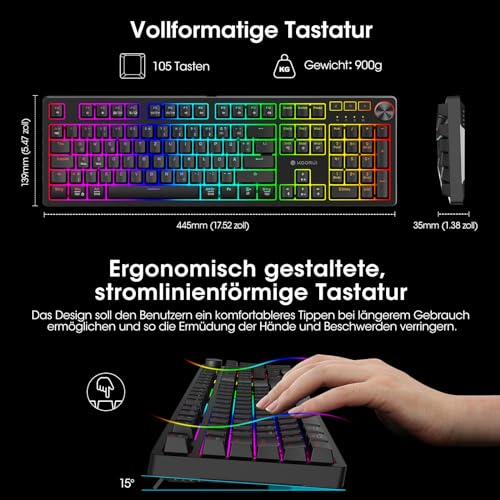 KOORUI Gaming Tastatur, Mechanisch Tastatur QWERTZ Deutsches Layout 104 Tasten 26 RGB Hinterleuchtet Kabelgebunden Gaming Keyboard für Windows MacOS Linux-Blauer Schalter