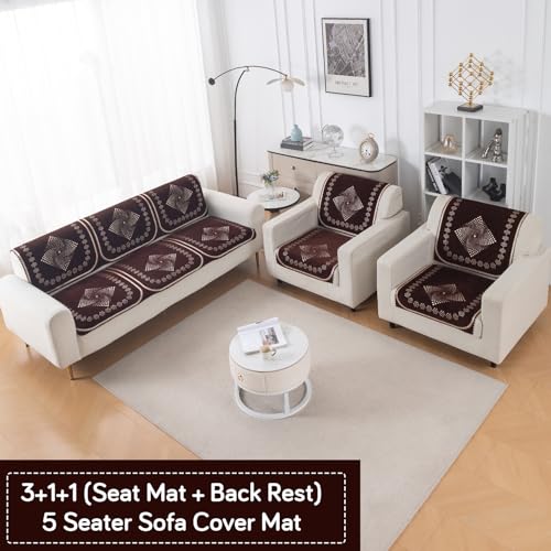 Image of HOKIPO Sheesh Brown Premium Chenille Jacquard Sofa Cover 5 Seater Set - Washable 3+1+1 Sofa Cover for Seat & Back | 'Royal Aangan Series' (IN-1008-L5*2 + IN-1006-L5*4)