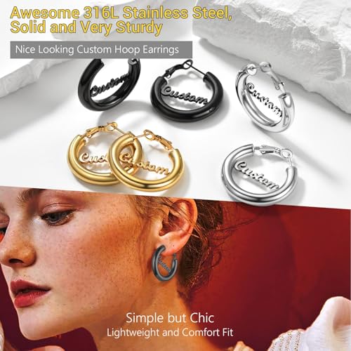 Image of Stainless Steel Chunky Hoop Earrings For Women, Minimalist and Chic, Black /Gold Plated, Round Hoops Earrings Hypoallergenic, Size: 30mm /40mm /60mm /80mm, Come with Box