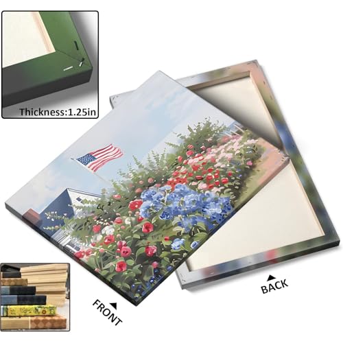 Image of Independence Day Canvas Wall Art, USA Garden with Flag Roses in Bloom Print, Memorial Day and Summer Porch Floral Print Poster Framed Oil Painting for Country Porch or Living Room 20x24inch