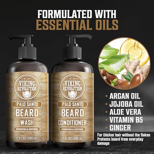 Image of Viking Revolution Palo Santo Beard Wash and Beard Conditioner Set with Argan and Jojoba Oils - Softens and Strengthens - Natural Palo Santo Scent - Beard Shampoo with Ginseng Root Extract (17 oz)