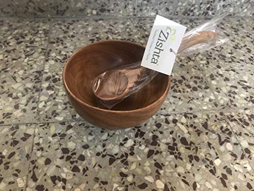 Image of Zishta Handmade Neem Wood Soup /Ice Cream /Snack Bowl with Spoon | Set of 2 | Mixing / Snacks & Multipurpose Bowls Pack of 2 | Serving Bowl for Breakfast Snacks Soup Serveware Salad Bowls for Home Kitchen