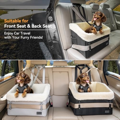 Image of PETSFIT Small Dog Car Seat, Waterproof PU Leather Dog Booster Car Seat with Patented Safe Buckles, Detachable Washable Cushion, 2 Storage Pockets, Dog Car Seat Medium Sized Dog up to 30 lbs (Black)