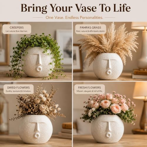 Image of Ceramic Face Vase for Home Decor, 6 Inch Modern Abstract Nordic Planter Vase for Flowers, Pampas Grass & Creepers, Decorative Tabletop Accent for Living Room, Office & Gifting