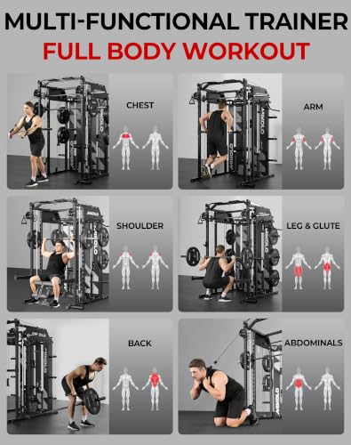 Image of Mikolo Smith Machine with Weight Stack, Power Cage Home Gym System with LAT Pulldown & Cable Crossover, Multi-Functional Trainer with Dual Pulley System, Includes 10+ Free Attachments