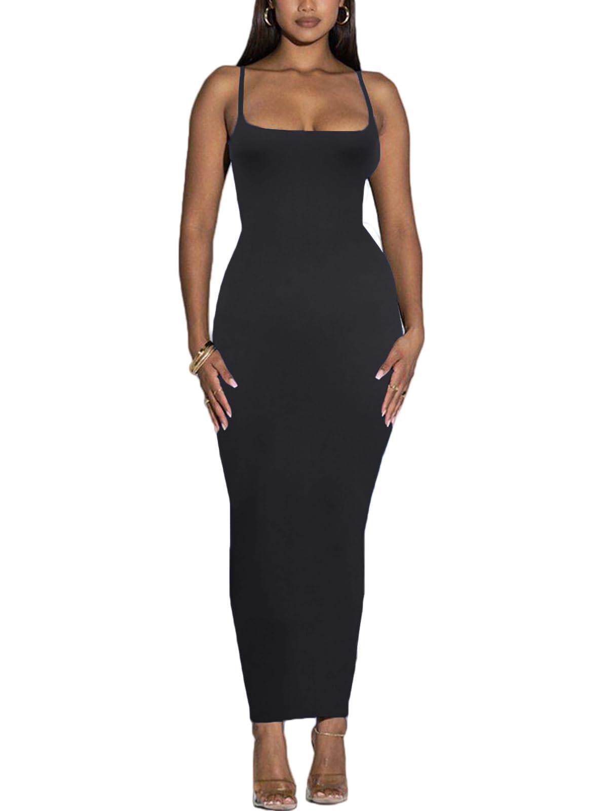 Women's Spaghetti Strap Bodycon Dress - Summer Casual Maxi Club Party Long Tight Slip Dresses