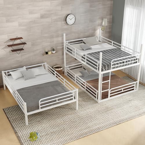 Image of Full Over Full Over Full Bunk Bed with Safety Guardrails, Modern Metal Triple Bed Frame for Kids, No Box Spring Required, White
