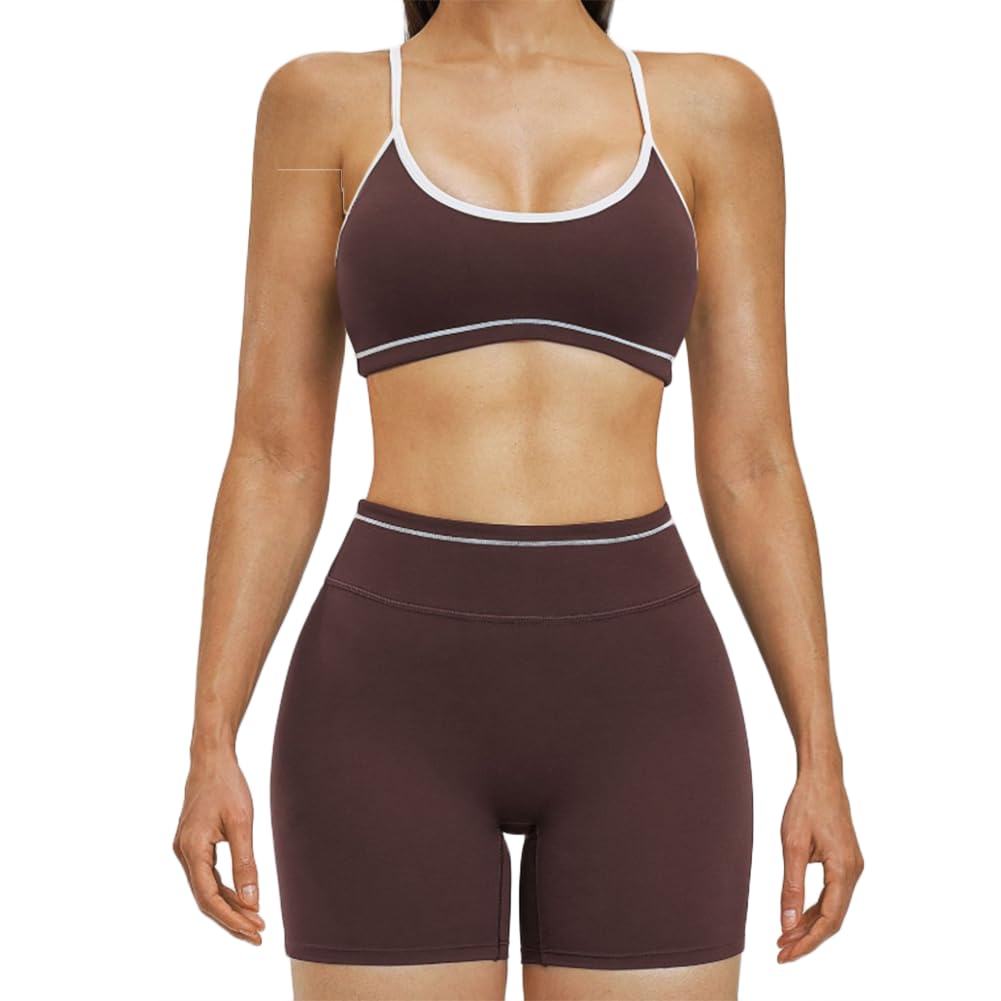 Jpxjgt Women's Brown Two Piece Workout Set Color Block Strappy Sports Bra High Waist Shorts Gym Yoga Active Wear Outfit Breathable(Size:m,Color:brown)