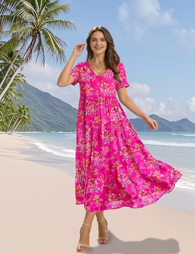 Image of YESNO Women's Summer Maxi Dresses Casual Floral Short Sleeve V Neck Boho Beach Vacation Swing Dress with Pockets EVF