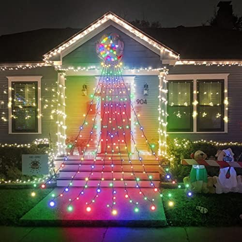 Qelus LED String Waterfall Christmas Tree Lights, 8 Modes Timer Waterproof 350LED String Light with Moon Star for Yard Party Home Holiday Decoration (Multi)