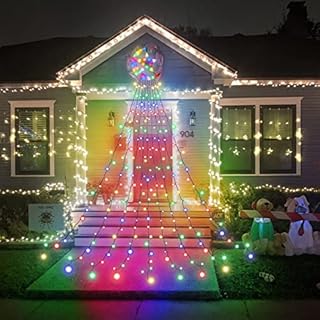 Qelus LED String Waterfall Christmas Tree Lights, 8 Modes Timer Waterproof 350LED String Light with Moon Star for Yard Party Home Holiday Decoration (Multi)