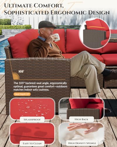 Image of U-MAX 7 Pieces Patio Furniture Set, Outdoor Sectional Sofa Conversation Set, All Weather Wicker Rattan Dining Table & Chair with Ottoman, Brown Rattan&Red Cushion