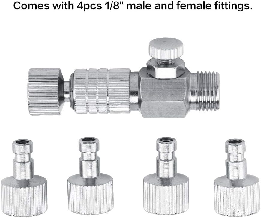 Airbrush Quick Release Disconnect with 4 Male Fitting, 1/8 in BSP Male and Female Release Disconnect Adapter with Adjustable Control Valve, Airflow Control Valve for Air Compressor