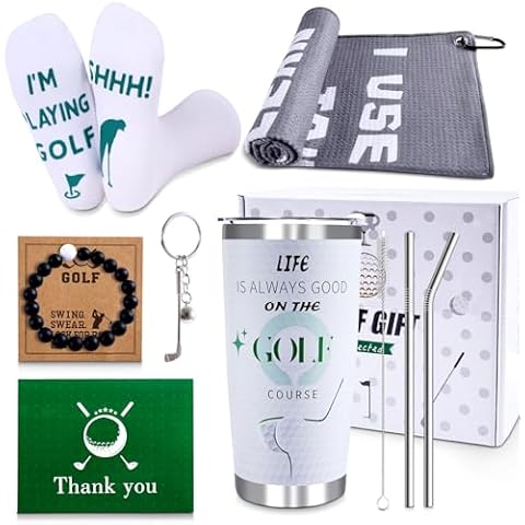 CAKKA Golf Gifts for Men, 2024 9PCS Cool Gifts for Golfer Basket Set Includes Tumbler Towel Socks Key Chain Bracelet Thanks Card Gift Box, Golf Christmas Gifts for Men Dad Idea Cover