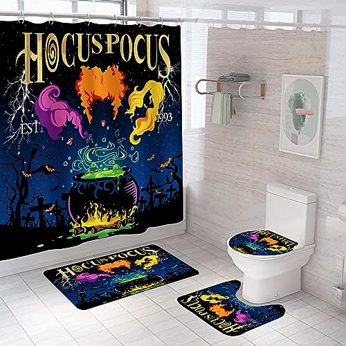 4Pcs Halloween Shower Curtain Set Hocus Pocus Shower Curtain Set with Non-Slip Rugs Toilet Lid Cover and Bath Mat Halloween Hocus Pocus Bathroom Decor with Hooks 71 x 71 (Black)