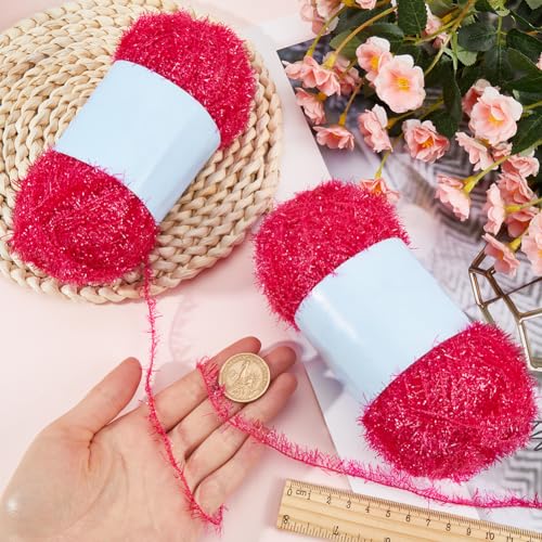 GORGECRAFT 200m 2 Rolls Sparkle Scrubby Yarn Bundle Metallic Scrubby Polyester Scrub Eyelash Dishcloth Yarn for Knitting Weaving Crochet Doll Hat Cleaning Tool Craft Project Watermelon Color - Image 3