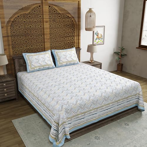 Image of BLOCKS OF INDIA Hand Block Printed 200 TC Cotton Super King Size Bedsheet(106 x 106) (Multi 10)