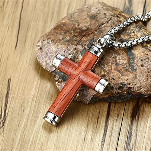 Ropartman Wooden Cross Necklace, Christian Stainless Steel Crucifix Pendant For Men, Hand Inlaid Real Pear Wood Free Necklace 24" Round Box Chain (Original Cross) #TOP4