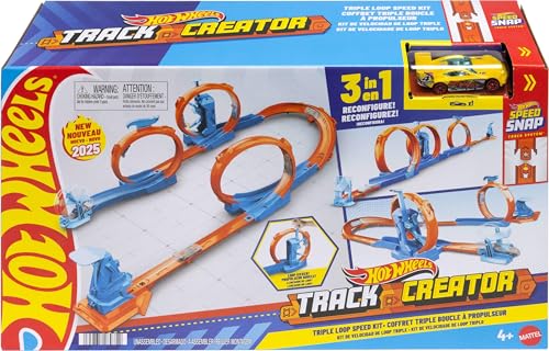 Hot Wheels Conjunto de pista tripla com carro de brinquedo, conjunto com veículo em escala 1:64 e componentes de construção com 3 loopings, faixas Speed Snap e adaptadores, JDW39