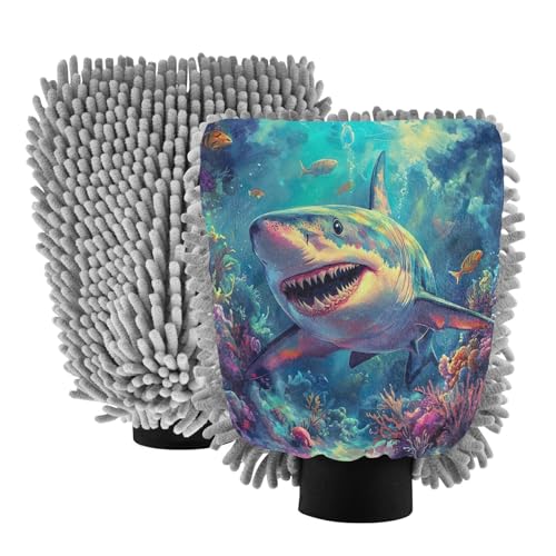 STAYTOP Fierce Shark Car Wash Mitt Microfiber, 2Pcs Scratch Free Lint-Free, Premium Chenille Microfiber Mitt Car Wash Brush-L
