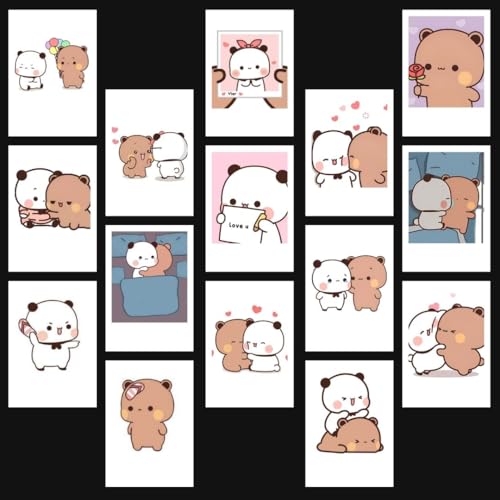 Image of Bubu Dudu Poster Teddy | Milk Mocha, Peach Goma, Plush Panda Mini Poster Kit (Set of 15) | Cute Couple Bubu Dudu Teddy Peach Goma Size (8 x 6 cm) Posters for Phone Accessories, Room Decoration (C 009)