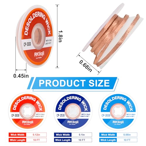 Rkiiqii 3pcs Solder Wick Braid with Flux, Upgrade Desoldering Wick (0.08/0.1/0.12in, 10ft Each) No Clean Low Residue Soldering Wick, Coated Braid for Electronics Component Repair, PCB Circuit Board - Image 2