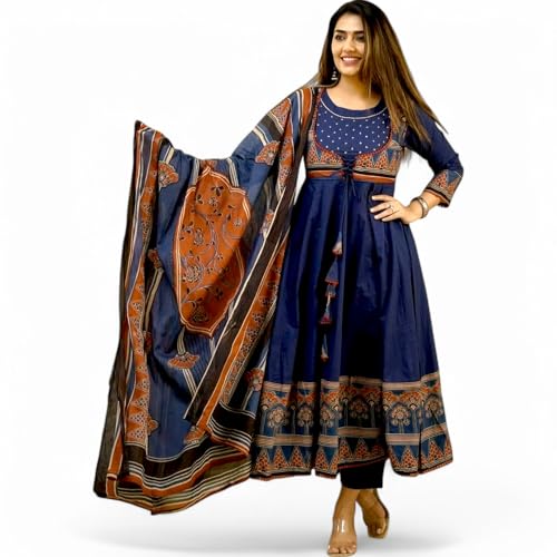 RangMahal Women's Cotton Print Anarkali Kurti Pant & Malmal Dupatta (Blue) (US, Alpha, Large, Regular, Regular, Blue)