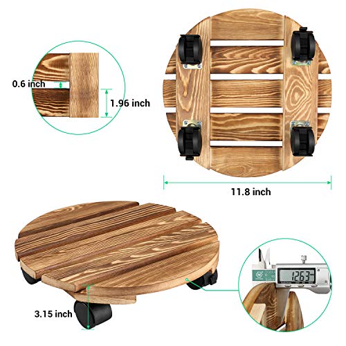 OAK LEAF Plant Caddy with Wheels, 12 Inch Plant Stand Plant Dolly, Round Wood with 360 Rotating Caster and Lockable Wheels, Plant Mover for Indoor, Outdoor, Garden