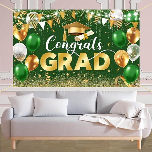 Image of AIBIIN 8x6ft Graduation Decorations 2026 Congrats Grad Backdrop Green Gold Glitter Balloons Congratulations Graduation Party Decorations Background for Photography Party Supplies