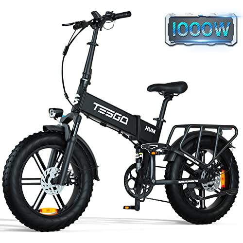 Folding Electric Bike For Adult, Tesgo 1000W Electric Bicycle, [Samsung 48V 17.4Ah Battery]- 20" 4.0 Fat Tire Ebike With Full Suspension 32Mph Mountain Commuter Bike, Shimano 8-Gears, Hydraulic Brakes #TOP27