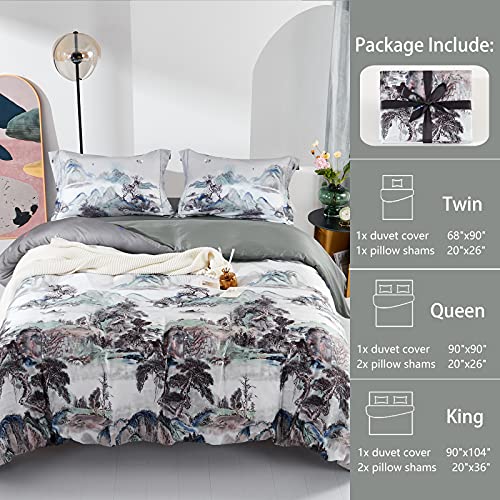 MILDLY 100% Long-Staple Cotton Duvet Cover Set Mountain Scenery Pattern Printed Comforter Cover 3pcs, Ultra Soft & Breathable Bedding Set