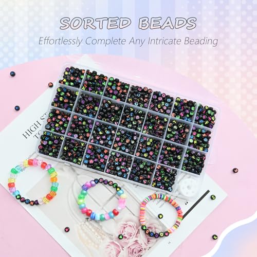 Image of Amaney 1400pcs Colorful Letter Beads Round Alphabet A-Z Heart 4x7mm Black Acrylic Beads and Crystal Line for Jewelry Making