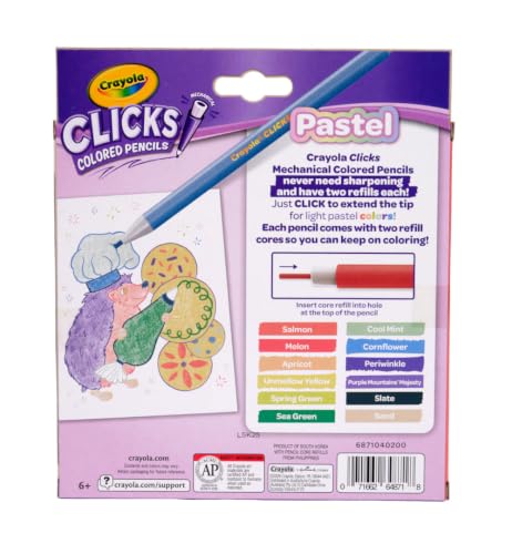 Crayola Clicks 2.0mm Mechanical Colored Pencil Set, 12 Pastel Colors, Cute School Supplies for Teachers, 24 Replacement Cores, Ages 6+