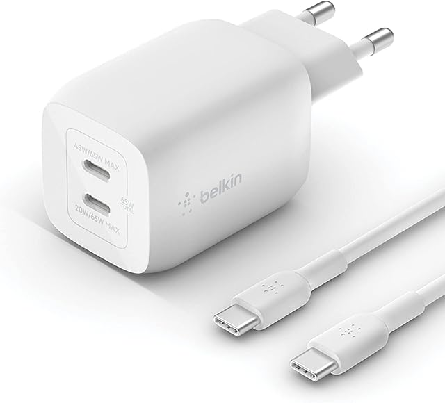 Belkin Ładowarka sieciowa 65W, 2 porty USB typ C, Power Delivery 3.0 z technologią GaN do urządzeń iPhone 15, 14, iPad, MacBook, Samsung Galaxy S24, Tab, Pixel i innych - kabel USB C-C w zestawie