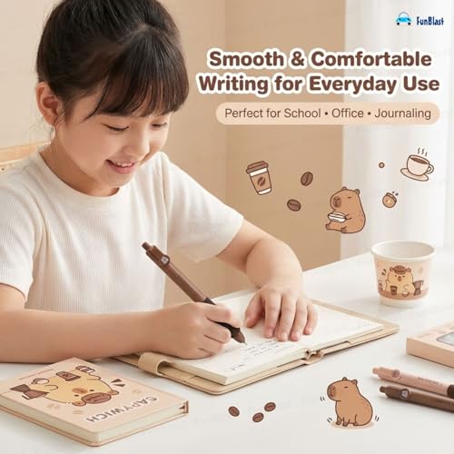Image of FunBlast Capybara Kawaii Gel Pen Set - (Pack of 4) Cute Coffee Theme Pens with Soft Sponge Grip, 0.5mm Smooth Writing Pens for School, Office, Gifts & Stationery Lovers (Blue Ink)