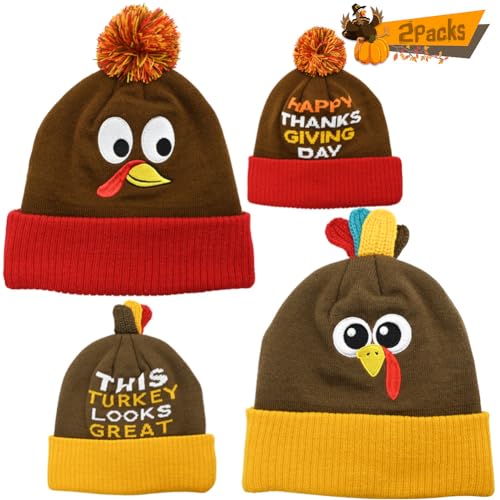 CAMIRUS 2PACK Thanksgiving Pom Pom Beanie Hats, Turkey Beanie Hat Running Hats Turkey Knitted Cap for Kids Adults Thanksgiving Dress up Party Orange
