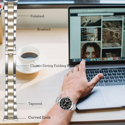 Image of Juntan Screw-in Stainless Steel Watch Band 20mm 21mm 22mm for Men Women, Curved End Straight End Metal Watch Strap with Oyster Buckle, Taperd Replacement Jubilee Bracelet Silver Gold