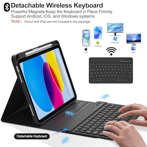 Image of COO Keyboard Case for iPad 11th A16 /10th Gen | Detachable Bluetooth Keyboard, Pencil Holder, Auto Wake /Sleep, 3 Angles, Shockproof PU TPU Cover, Black