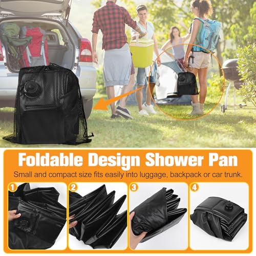 Upgraded Portable Shower Pan 41&#8243;x41&#8243;x5&#8243; &#8211; Heavy-Duty Non-Slip Base with Drain Hole &#038; Mesh Storage Bag | Collapsible Camp Shower Tray for RV, Beach, Glamping | Leakproof Outdoor Bath Floor
