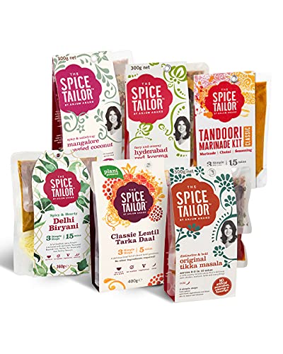 The Spice Tailor Variety 1 x Tandoori Marinade Kit (Classic) + 1 x Delhi Biryani + 1 x Classic Lentil Tarka Daal + 1 x Original Tikka Masala + 1 x Mangalore Roasted Coconut + 1 x Hyderabad Red Korma