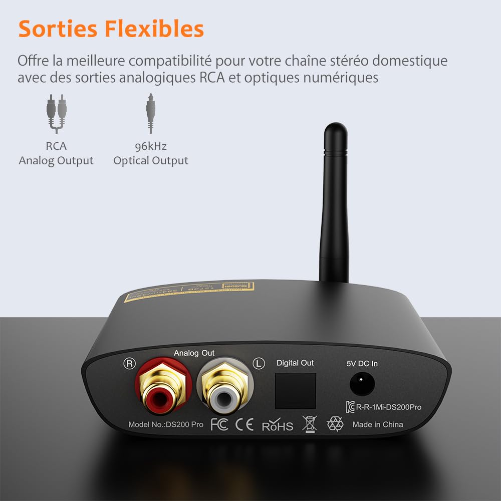 1Mii HiFi Récepteur Bluetooth 5.3 avec DAC Audiophile, LDAC Adaptateur Audio sans Fil pour Chaîne Stéréo, aptX HD/LL, Longue Portée, Diffusion de Musique vers Haut-parleurs/Récepteur AV, RCA Optique